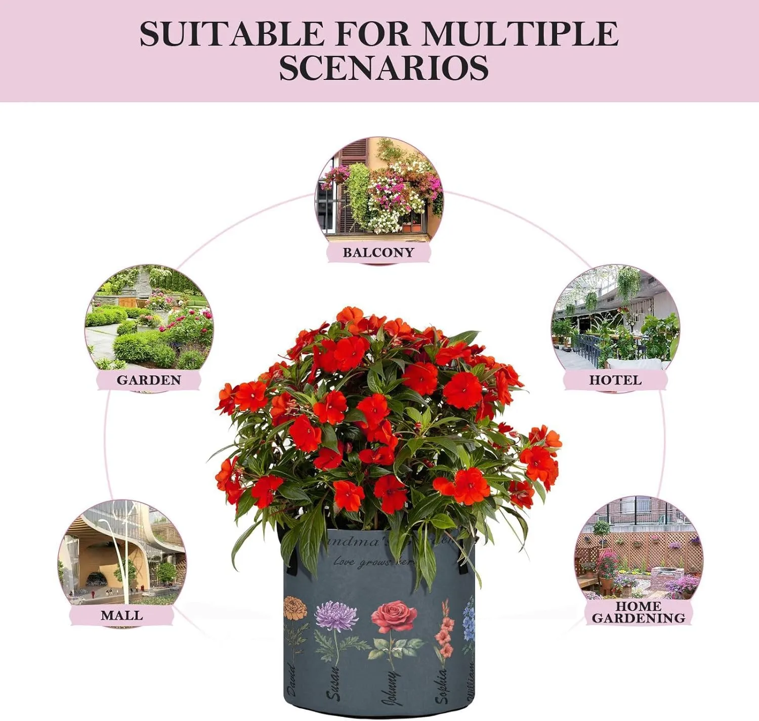 Personalized Grow Bags Grandma's Garden Plant Grow Bag Custom Birth Flower Plant Pot Grandma Gifts for Mothers Day(Medium-12.6x9.8in)