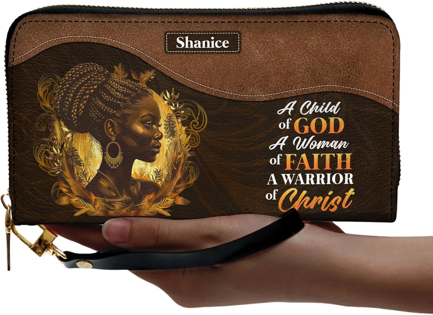 Personalized Leather Wallet for Women – Custom Name African Pride Clutch – African Queen Gifts – African American Art Bag – Ideal Gift for Mother's Day (A Child Of God)
