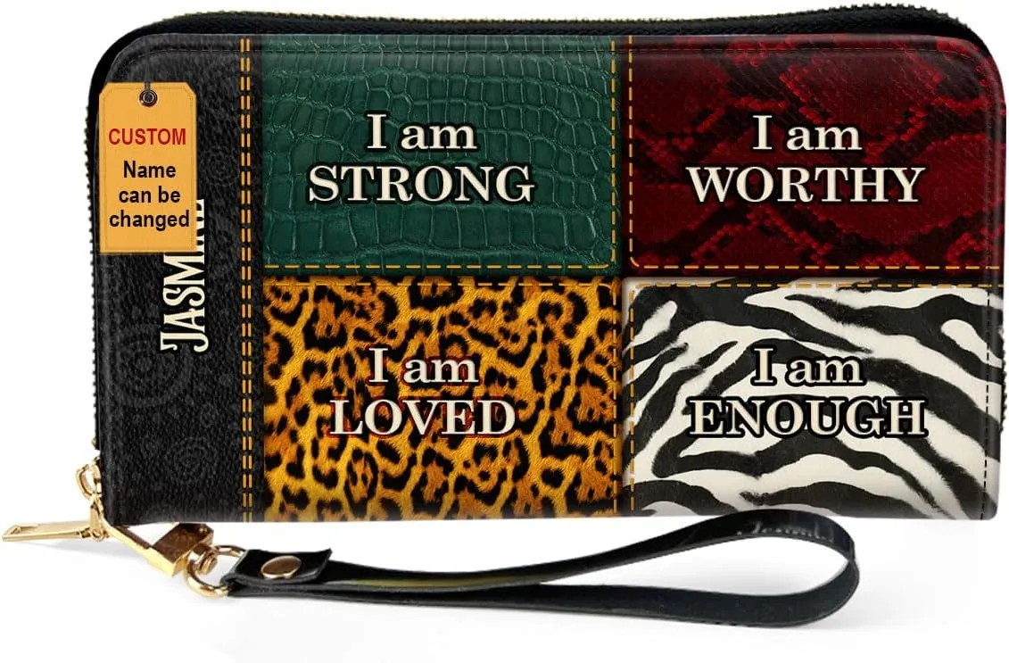 Personalized Leather Wallet For Women - I Am Strong - African Pride Woman Clutch Purse - Gifts For Black Women African Queen - African American Art Black Girl Bag Purse
