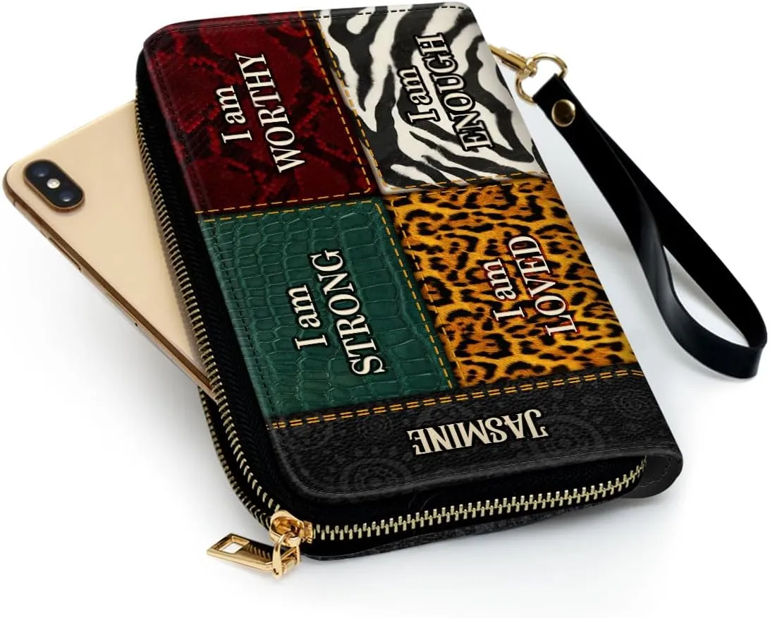 Personalized Leather Wallet For Women - I Am Strong - African Pride Woman Clutch Purse - Gifts For Black Women African Queen - African American Art Black Girl Bag Purse