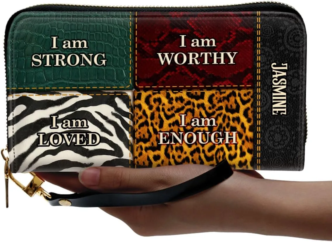 Personalized Leather Wallet For Women - I Am Strong - African Pride Woman Clutch Purse - Gifts For Black Women African Queen - African American Art Black Girl Bag Purse