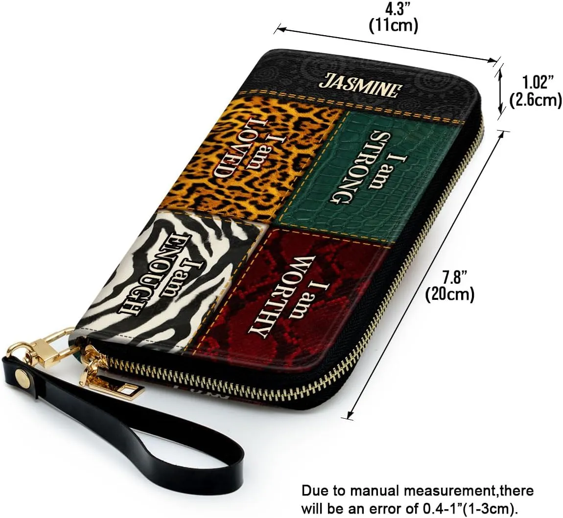 Personalized Leather Wallet For Women - I Am Strong - African Pride Woman Clutch Purse - Gifts For Black Women African Queen - African American Art Black Girl Bag Purse