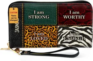 Personalized Leather Wallet For Women - I Am Strong - African Pride Woman Clutch Purse - Gifts For Black Women African Queen - African American Art Black Girl Bag Purse