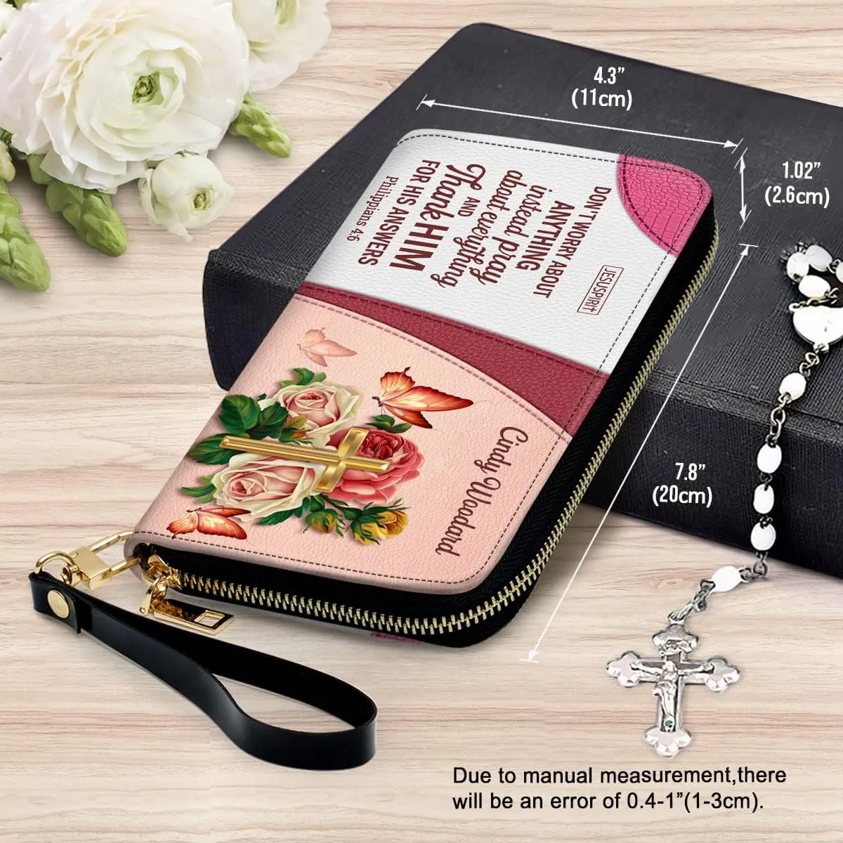 Personalized PU Leather Bible Purse For Women - Rose & Butterfly Wristlet Wallets - Christian Gifts For Church Ladies - Custom Religious Bible Fossil Wallets