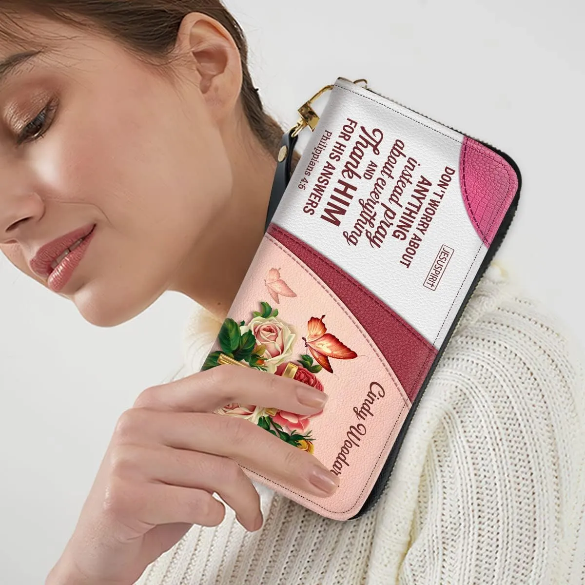 Personalized PU Leather Bible Purse For Women - Rose & Butterfly Wristlet Wallets - Christian Gifts For Church Ladies - Custom Religious Bible Fossil Wallets