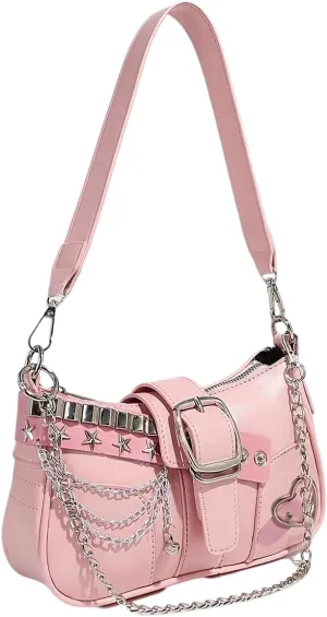 Pink Shoulder Bag for Women with Magnetic Closure and Chain Strap, Mini Faux Leather Crossbody Purse Featuring Star Stud Accents and Buckle Detail, Cute Aesthetic Handbag