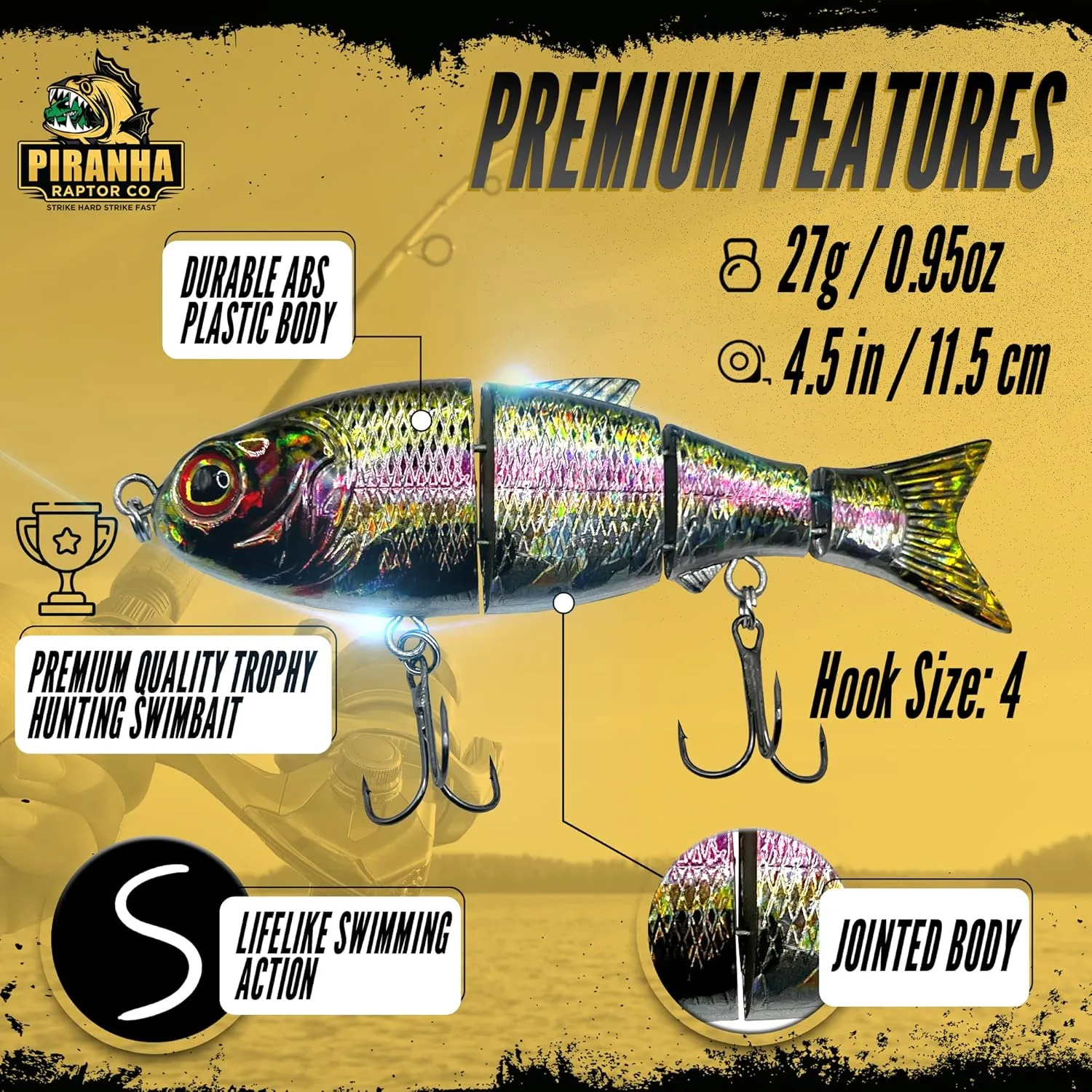 Piranha Raptor Fishing Lures for Bass, Trout, Walleye | Multi Jointed Swimbaits | Swimming Lures | Topwater Lures | Freshwater | Saltwater | Lifelike Fishing Tackle Lures Kit