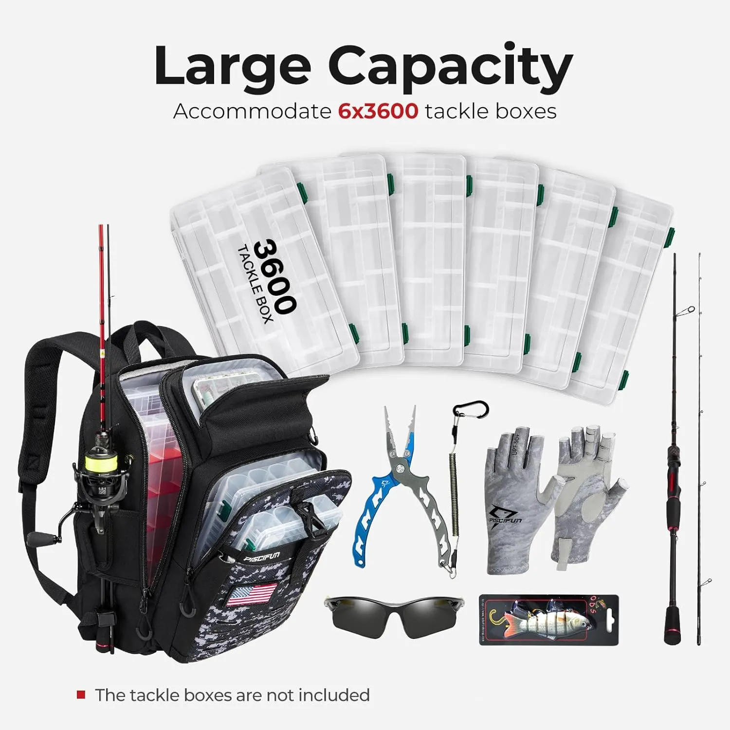 Piscifun Fishing Tackle Backpack with Rod & Gear Holder, Lightweight Fishing Tackle Storage Bag with Protective Rain Cover