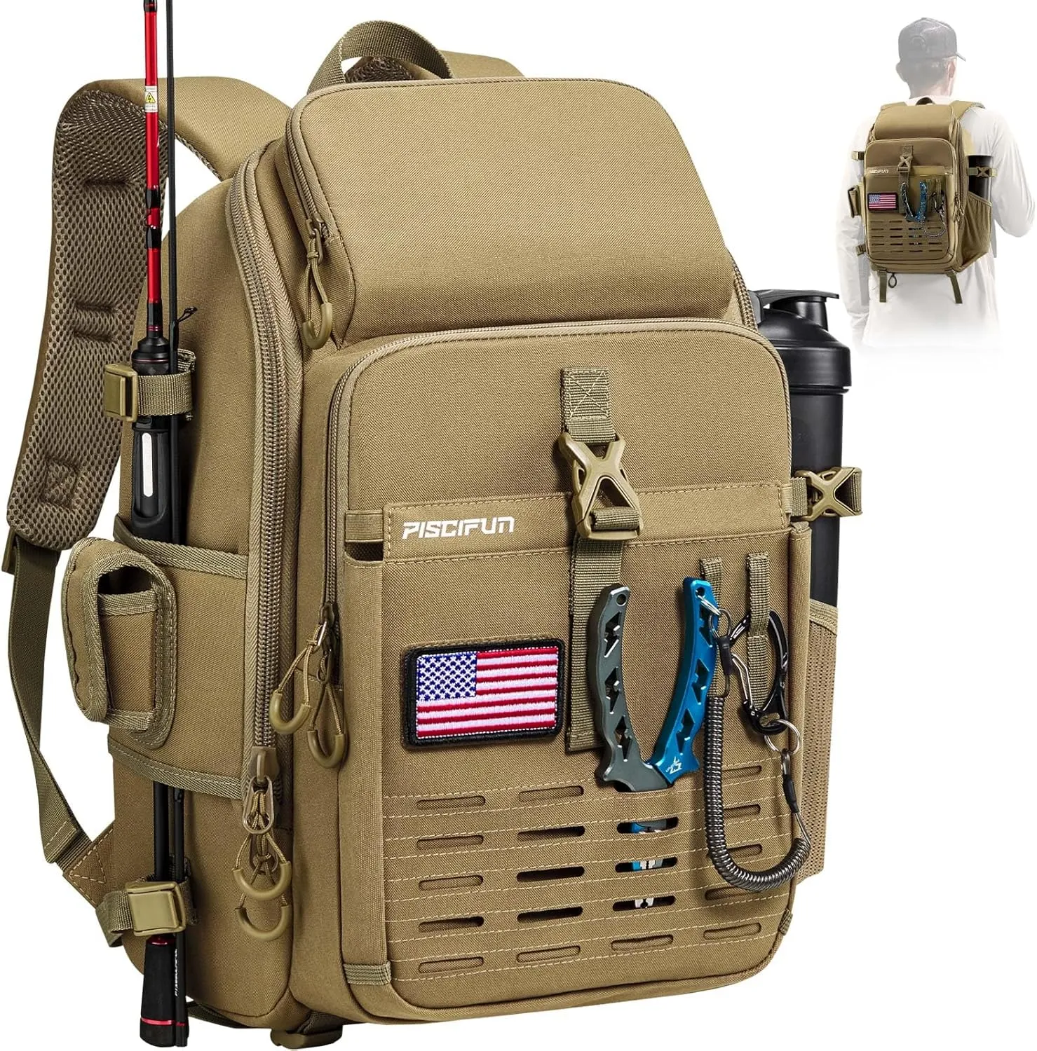 Piscifun Fishing Tackle Backpack with Rod & Gear Holder, Lightweight Fishing Tackle Storage Bag with Protective Rain Cover