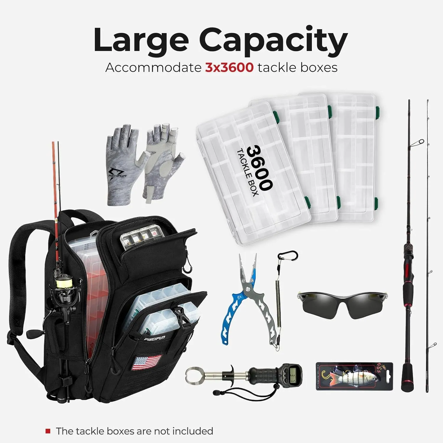 Piscifun Fishing Tackle Backpack with Rod & Gear Holder, Lightweight Fishing Tackle Storage Bag with Protective Rain Cover