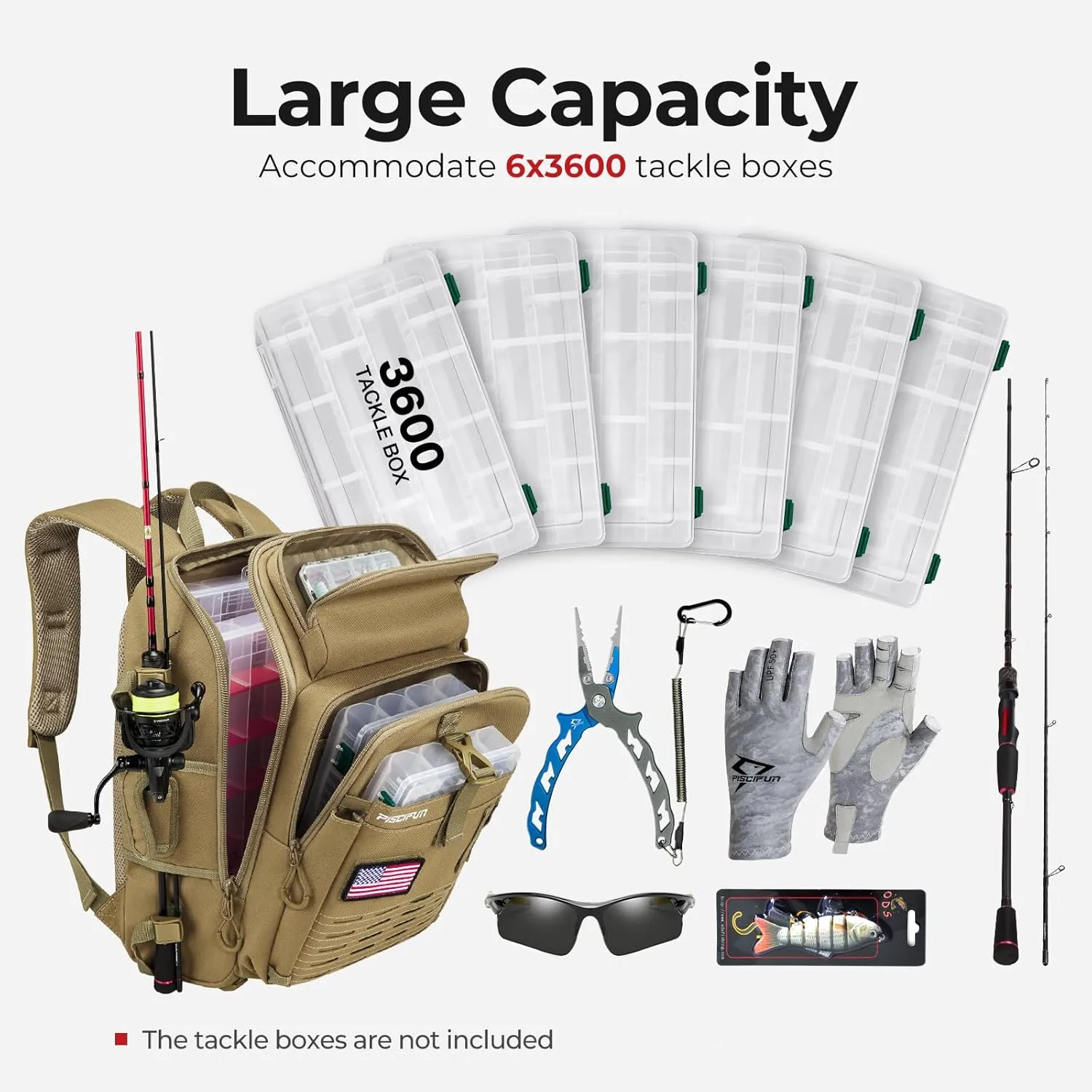 Piscifun Fishing Tackle Backpack with Rod & Gear Holder, Lightweight Fishing Tackle Storage Bag with Protective Rain Cover