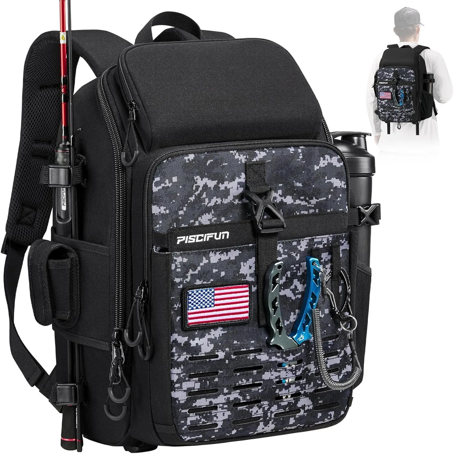 Piscifun Fishing Tackle Backpack with Rod & Gear Holder, Lightweight Fishing Tackle Storage Bag with Protective Rain Cover