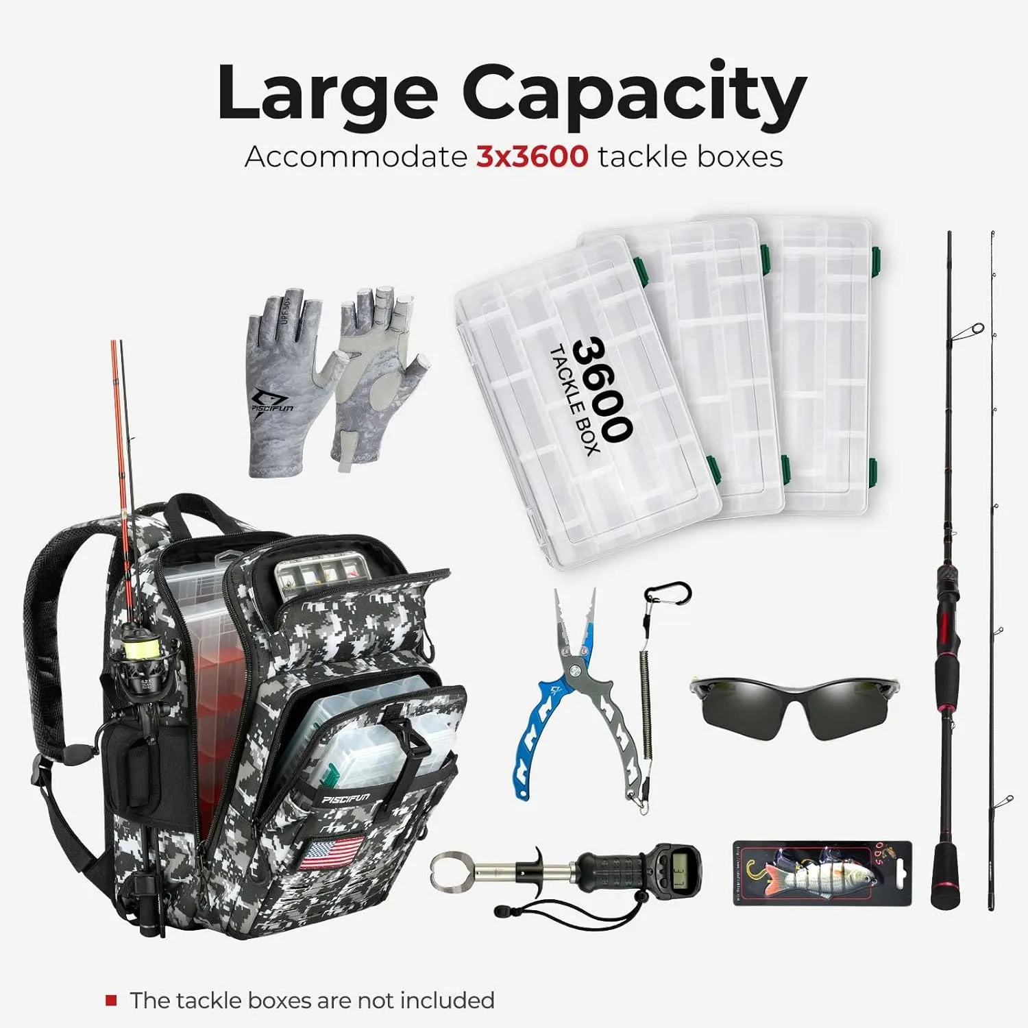 Piscifun Fishing Tackle Backpack with Rod & Gear Holder, Lightweight Fishing Tackle Storage Bag with Protective Rain Cover