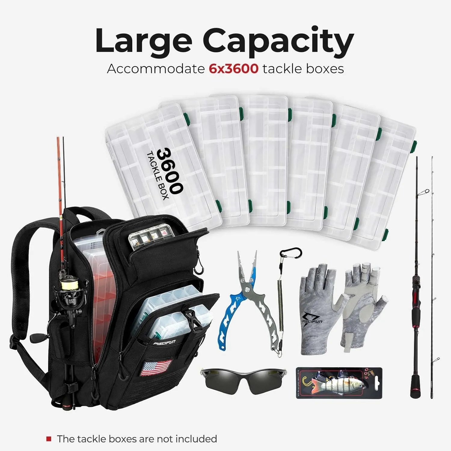 Piscifun Fishing Tackle Backpack with Rod & Gear Holder, Lightweight Fishing Tackle Storage Bag with Protective Rain Cover