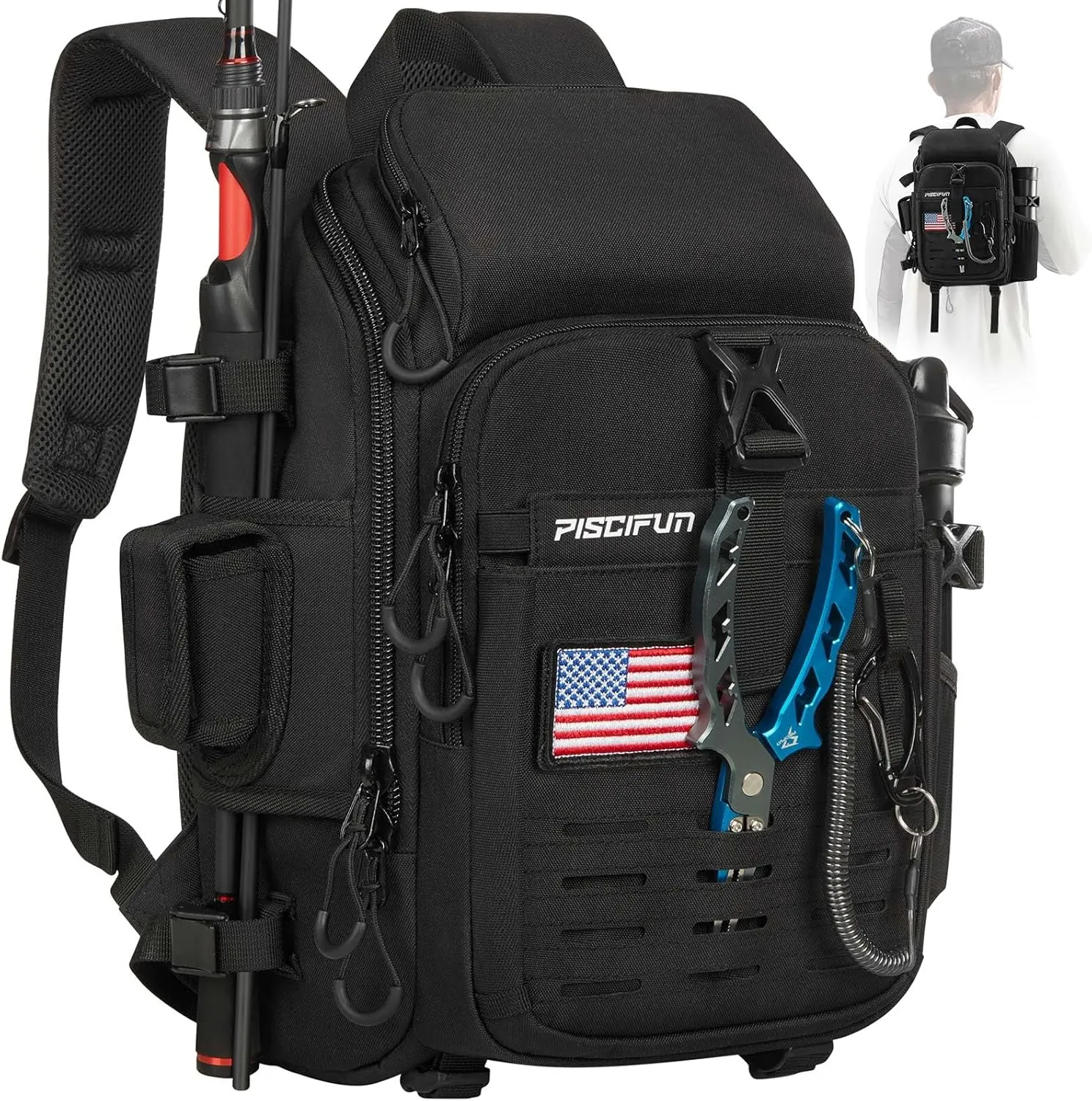 Piscifun Fishing Tackle Backpack with Rod & Gear Holder, Lightweight Fishing Tackle Storage Bag with Protective Rain Cover