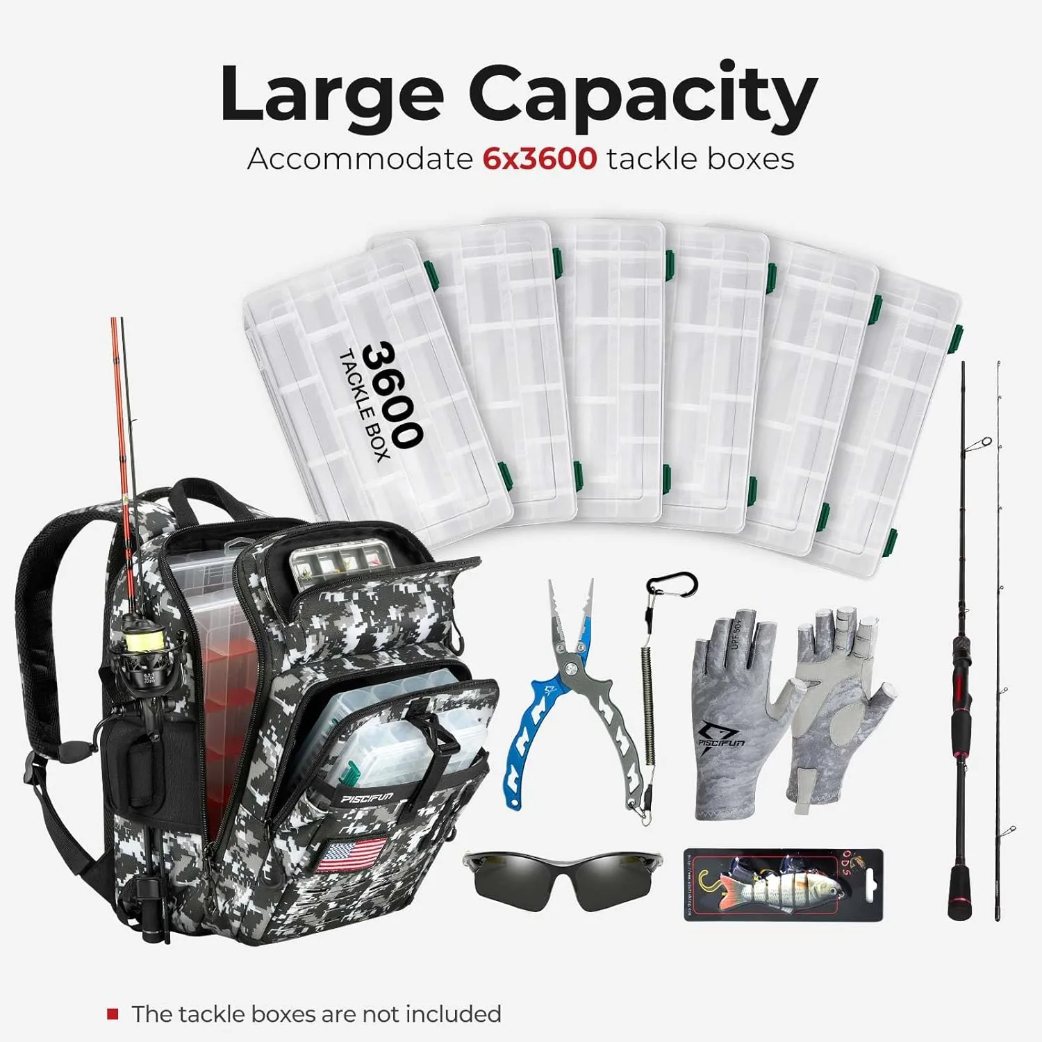 Piscifun Fishing Tackle Backpack with Rod & Gear Holder, Lightweight Fishing Tackle Storage Bag with Protective Rain Cover