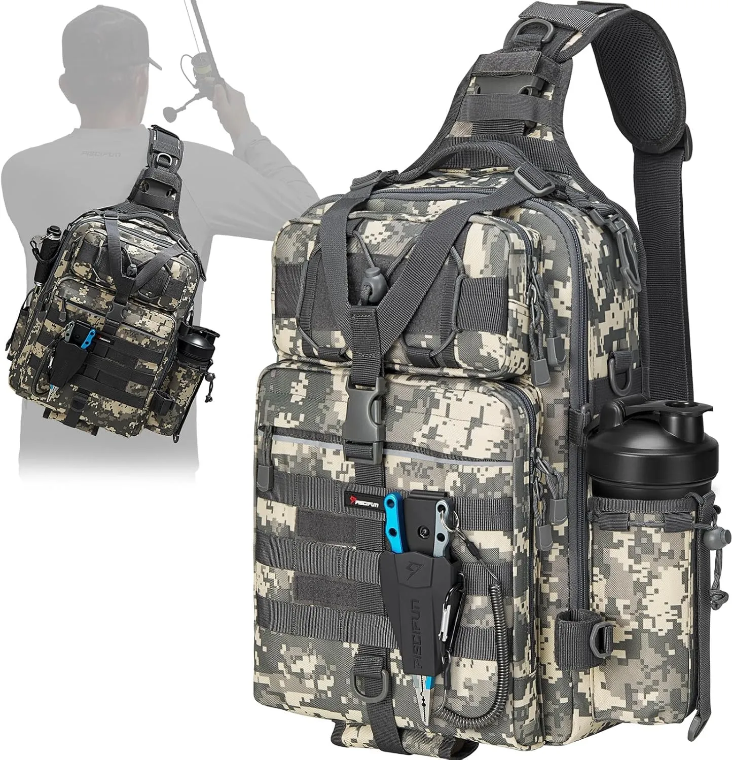 Piscifun Tackle Bag With Rod & Gear Holder - Lightweight Sling Storage Bag, Outdoor Shoulder Pack for Fishing, Hiking, Hunting