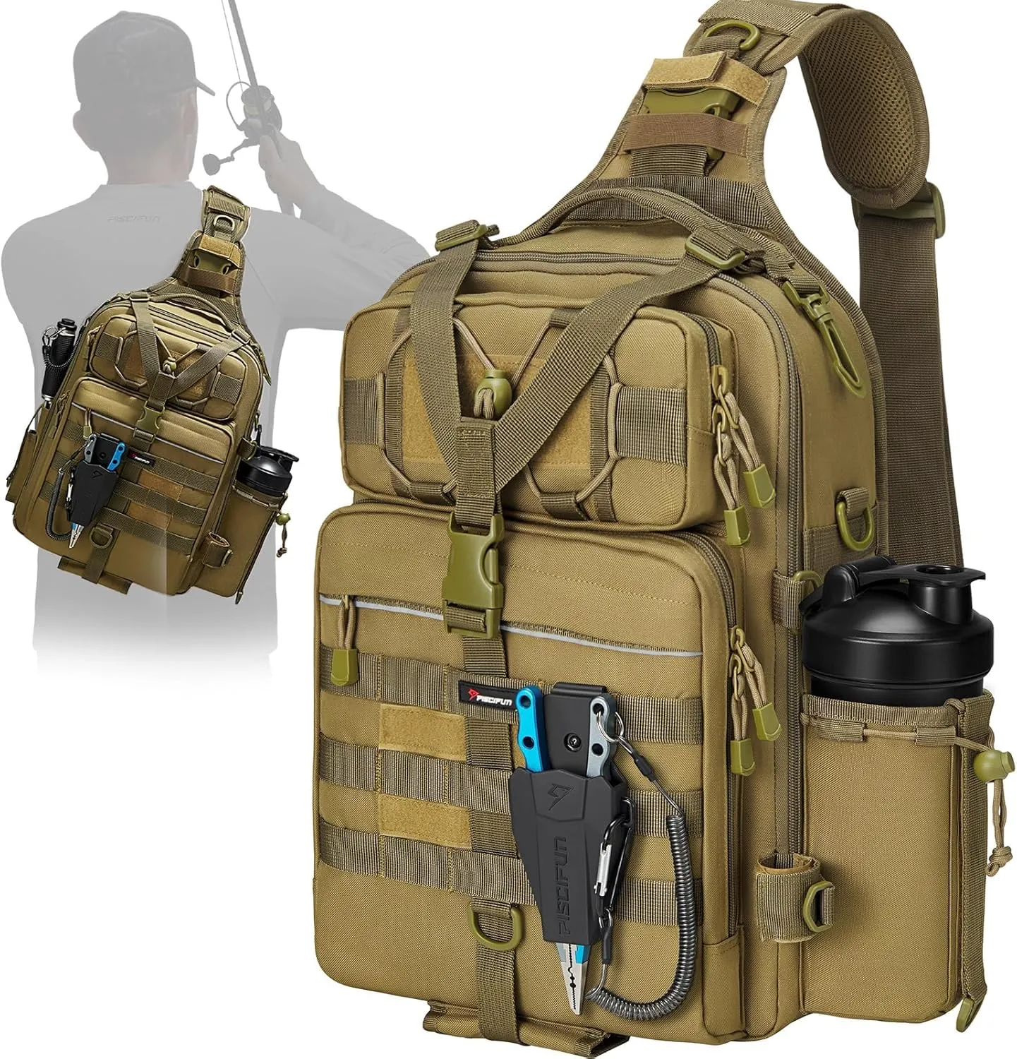 Piscifun Tackle Bag With Rod & Gear Holder - Lightweight Sling Storage Bag, Outdoor Shoulder Pack for Fishing, Hiking, Hunting