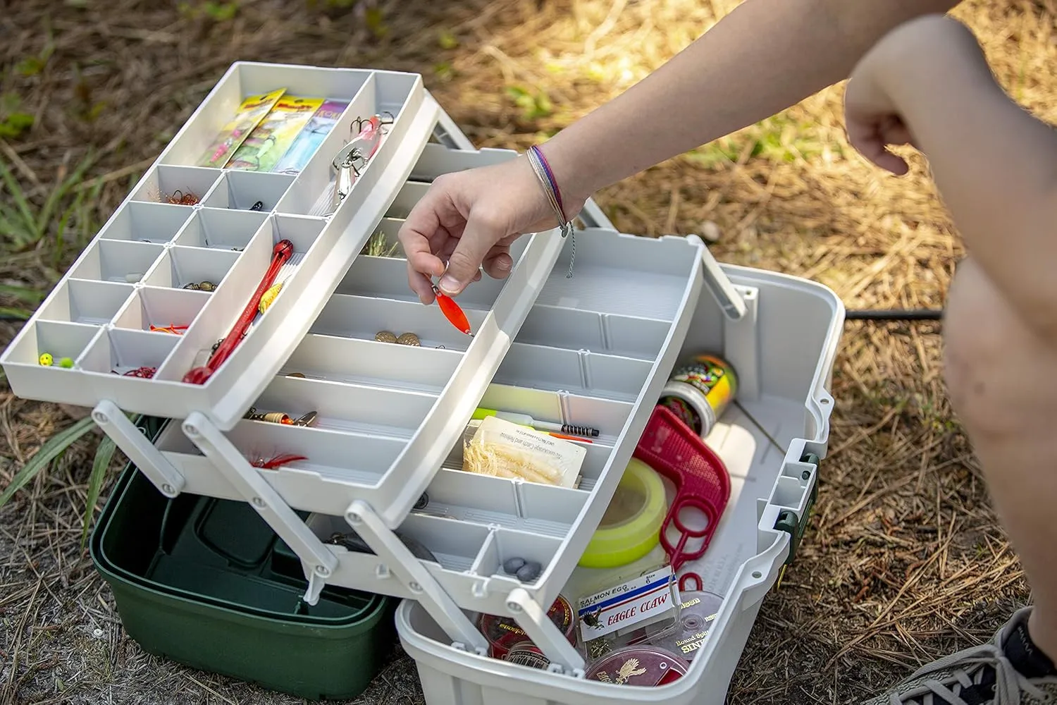 Plano 3-Tray Tackle Box with Dual Top Access, Dark Green Metallic/Off White, Premium Tackle Storage