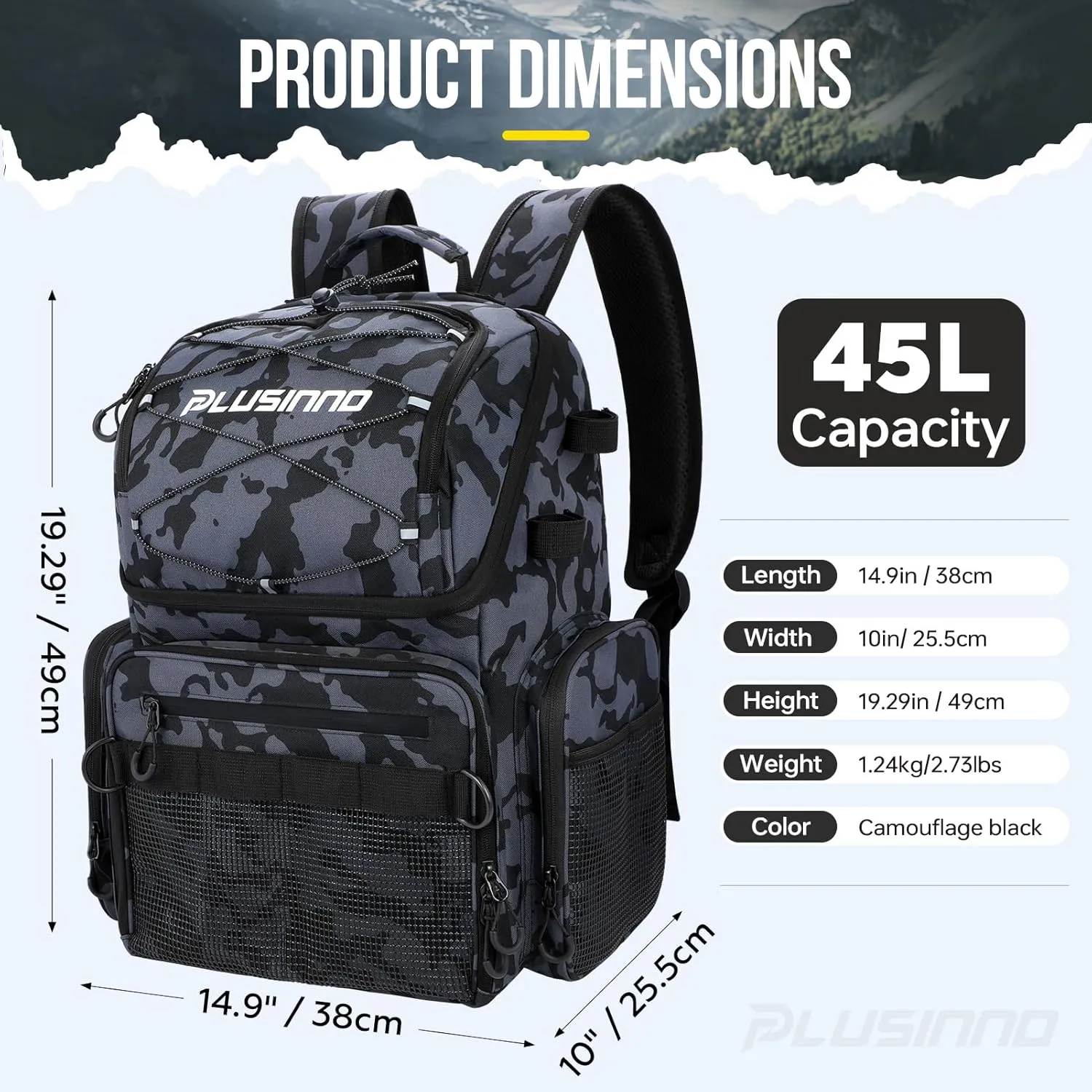 PLUSINNO Cooler Fishing Backpack with Rod Holders 45L Large Water-resistant Fishing Tackle bag Store Fishing Gear Fishing Gifts for Men Father