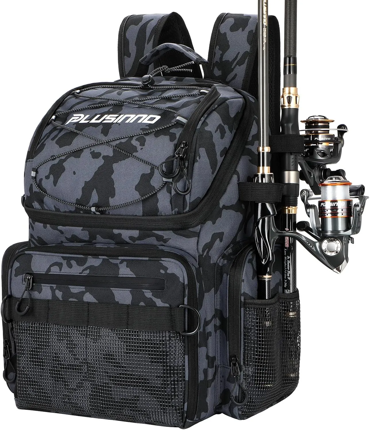 PLUSINNO Cooler Fishing Backpack with Rod Holders 45L Large Water-resistant Fishing Tackle bag Store Fishing Gear Fishing Gifts for Men Father