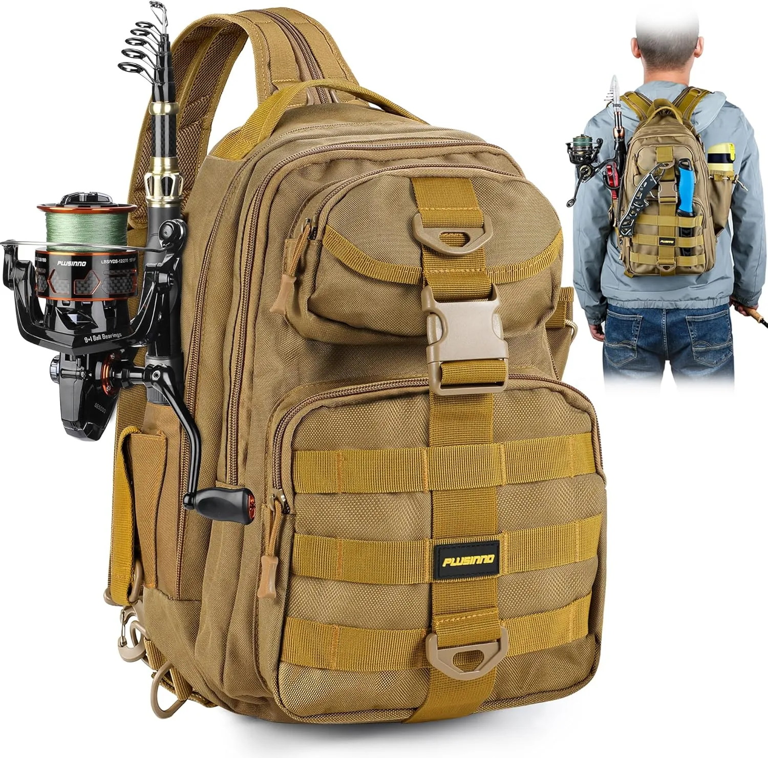 PLUSINNO Fishing Backpack with Rod Holder, Water-Resistant Tackle Bag - Ideal Gifts for Men