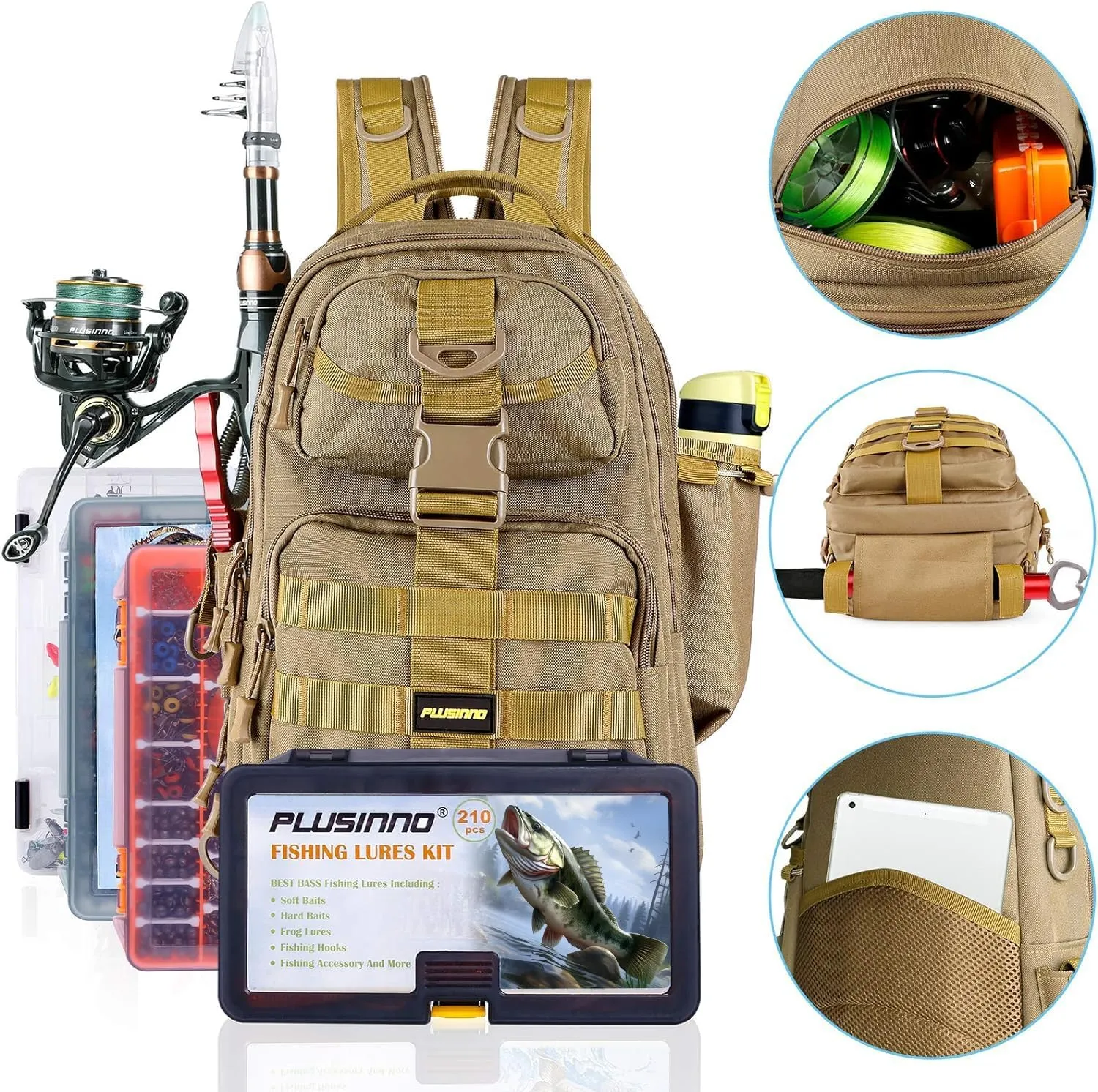 PLUSINNO Fishing Backpack with Rod Holder, Water-Resistant Tackle Bag - Ideal Gifts for Men