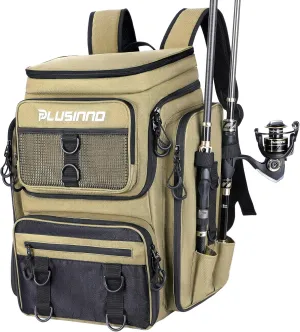 PLUSINNO Fishing Backpack with Rod Holders Tackle Box, 42L Large Water-resistant Fishing Tackle Bag Store Fishing Gear