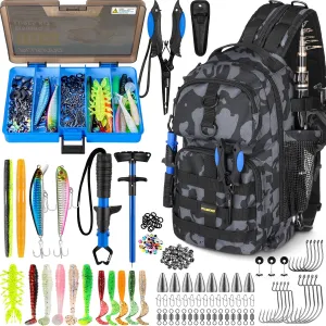 PLUSINNO Fishing Backpack with Tackle Boxes, Waterproof Fishing Sling Tackle Bag for Fishing Gear with Rod Holder, Fishing Gifts for Men with Fishing Lures, Fishing Pliers, Fish Lip Gripper.
