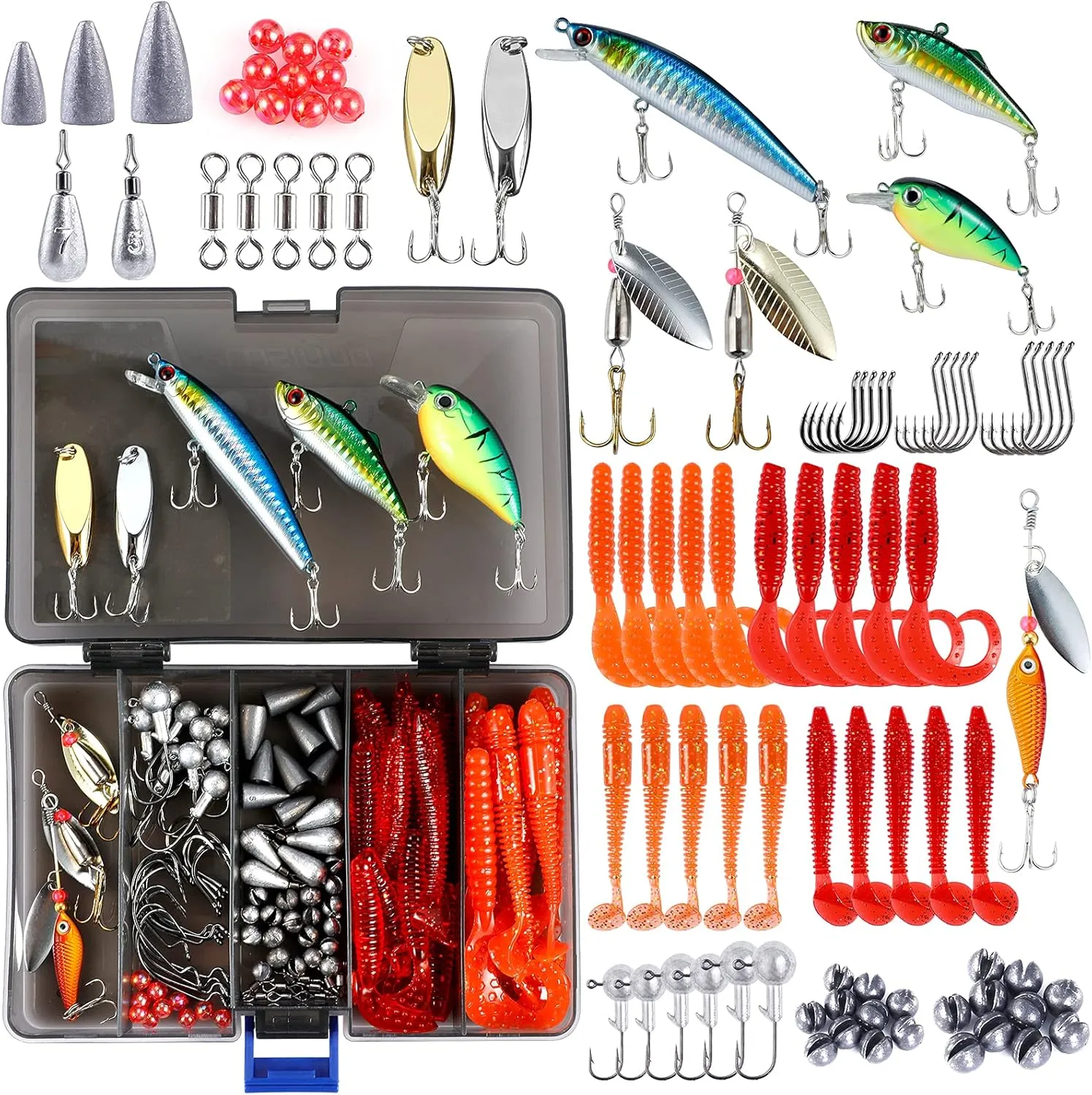 PLUSINNO Fishing Lures, 292/210Pcs Tackle Box with Tackle Included, Crankbaits, Hooks, Weights, Fishing Accessories kit, Fishing Bait Lure Gear Kit Gift for Men Bass,Trout