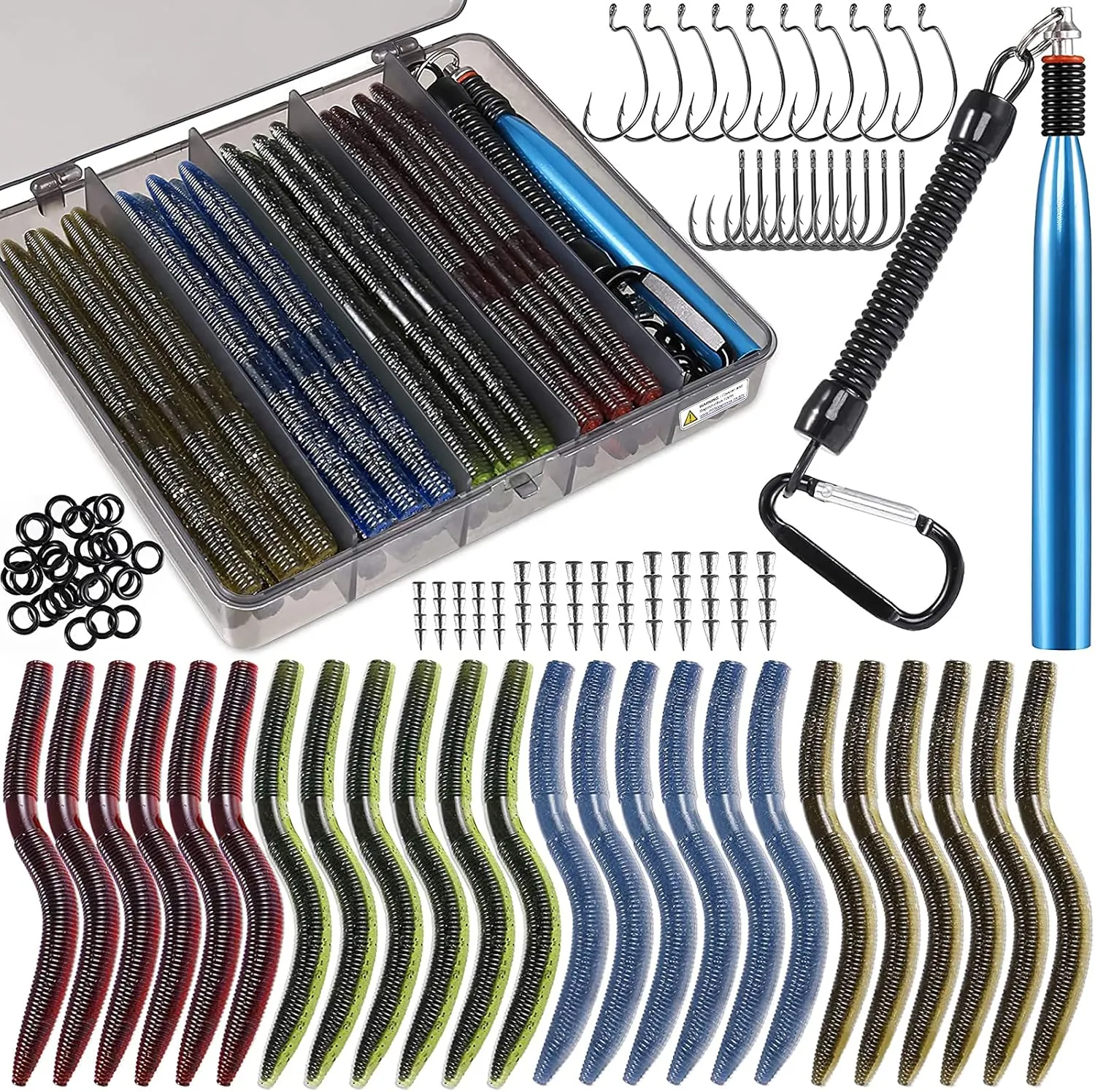 PLUSINNO Wacky Worm Fishing Lure Kit, Soft Plastic Fishing Lures, Grub Baits Hook Wacky Rig Bass Trout Fishing Worms Lures w/Tackle Box