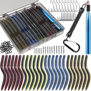PLUSINNO Wacky Worm Fishing Lure Kit, Soft Plastic Fishing Lures, Grub Baits Hook Wacky Rig Bass Trout Fishing Worms Lures w/Tackle Box