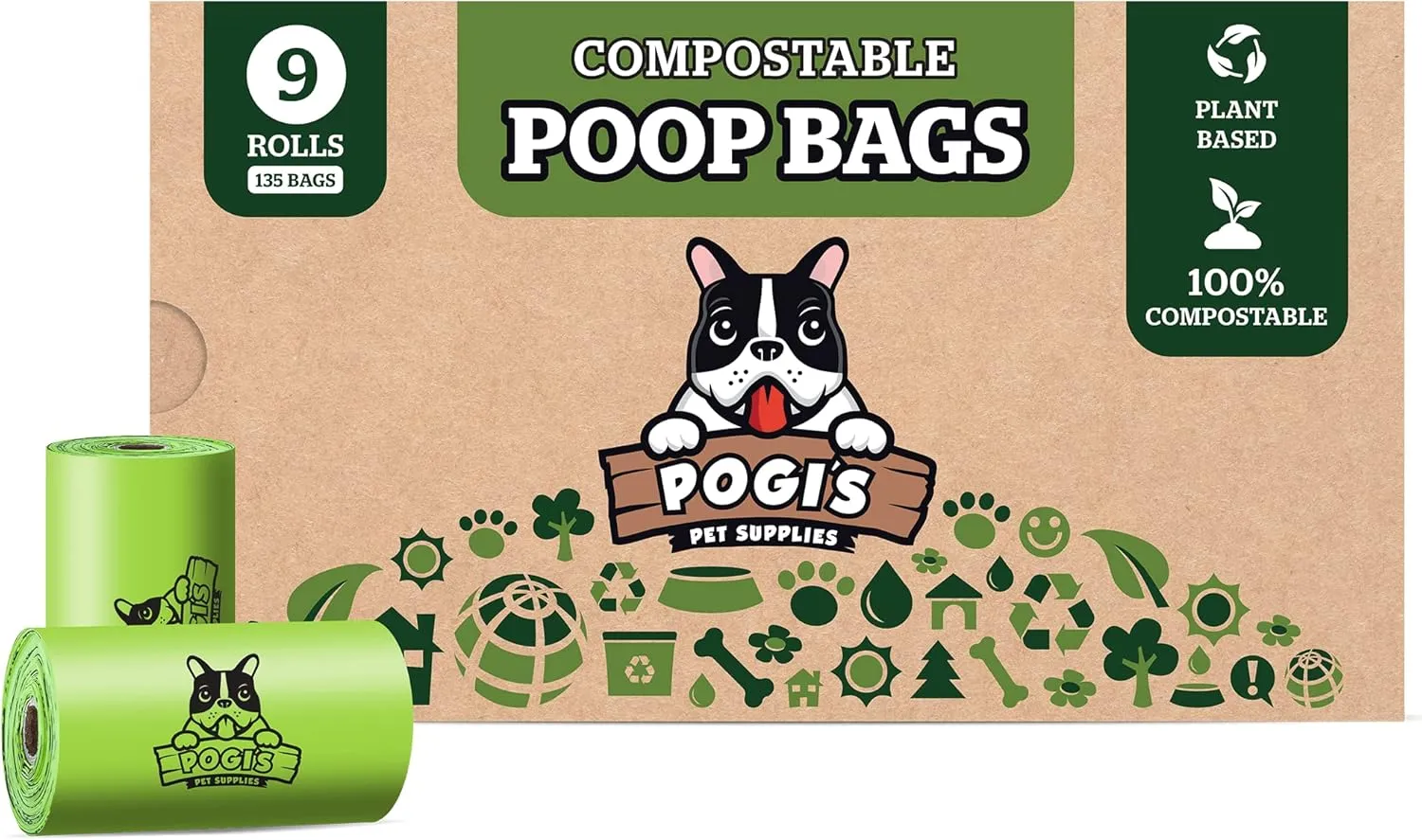 Pogi's Compostable Poop Bags – Leak-Proof, Extra-Large, Plant-Based, Compostable – 9 Rolls (135 Bags)