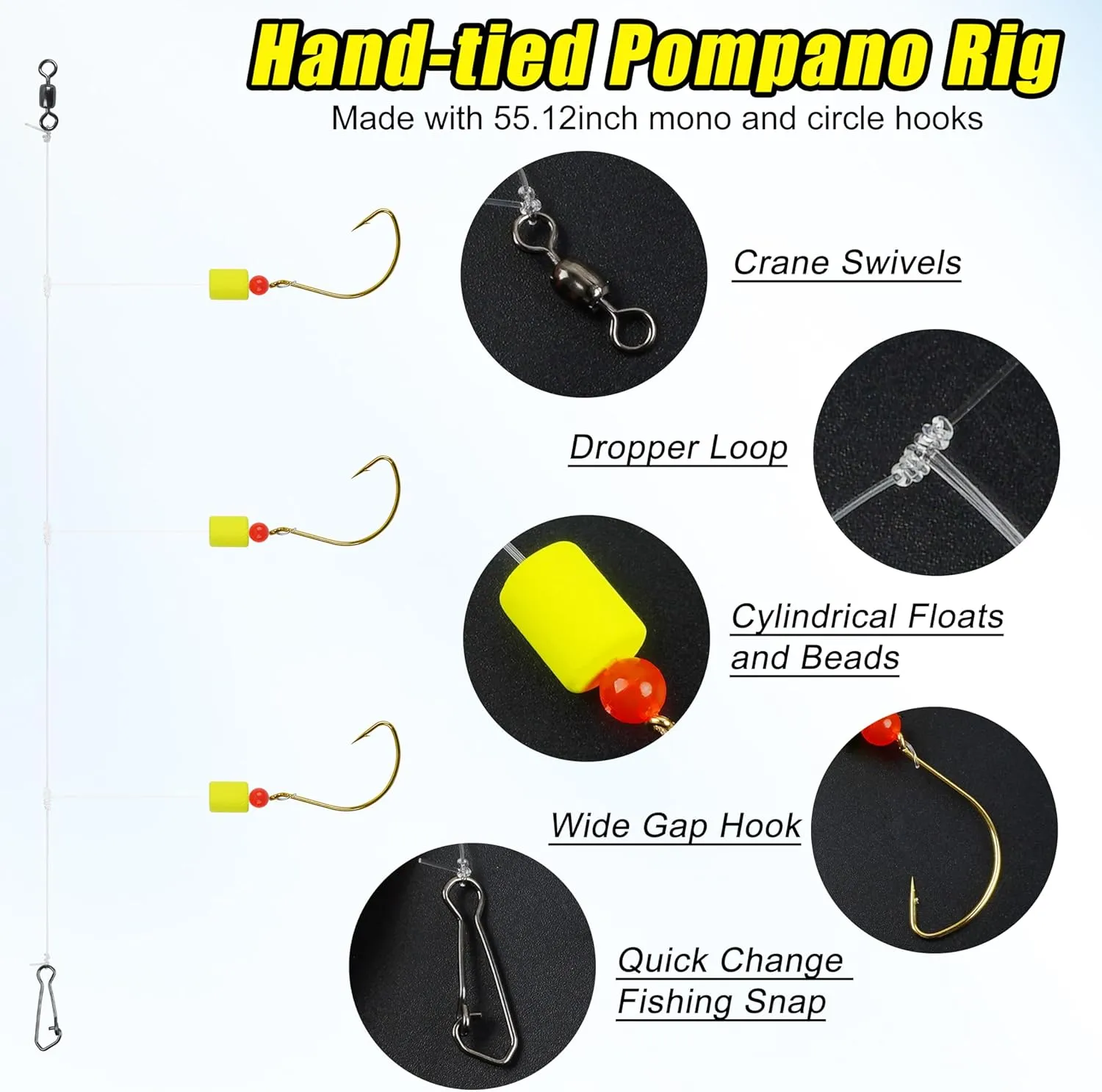 Pompano Rigs Saltwater Surf Fishing Rigs, 10 Pack Pre-Rigged Pompano Rigs Triple Drop Rigs Fishing Leader Rigs with Snell Floats Circle Hooks Offshore Surf Fishing Tackle