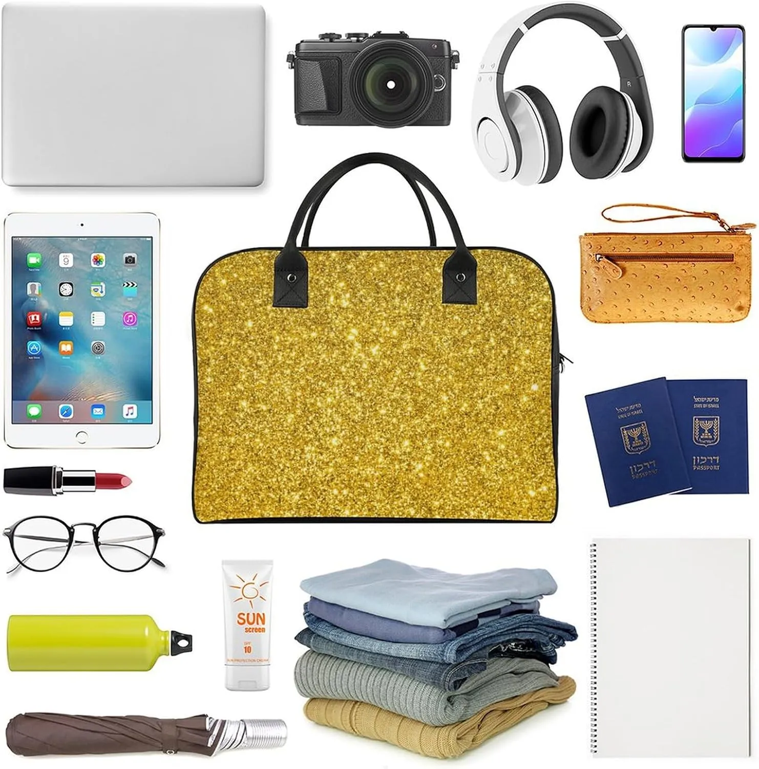 Portable Travel Bag, Oversized Weekender Bag, Large Carry On Bag, Sports Gym Dance Soft Bag For Women And Men Compatible with Beautiful Gold Bling Glitter Sparkles Pattern