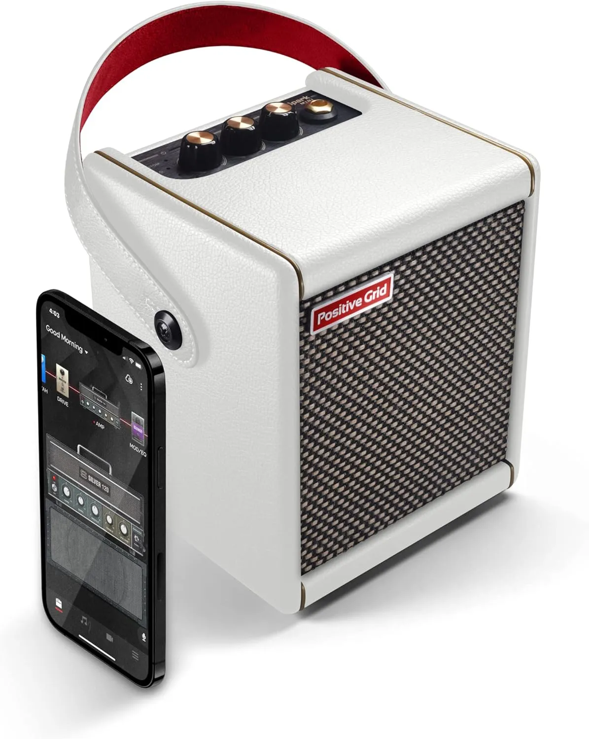 Positive Grid Spark Mini 10W Portable Smart Guitar Amp & Bluetooth Speaker with App for Playing Guitar at Home or Travel (Pearl)