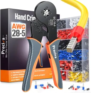 Preciva Ferrule Crimping Tool Kit, Square Crimping Tools, Ratchet Jaw Wire Crimping Pliers for AWG 28-5 with 1200 PCS Terminal Connector Sleeves