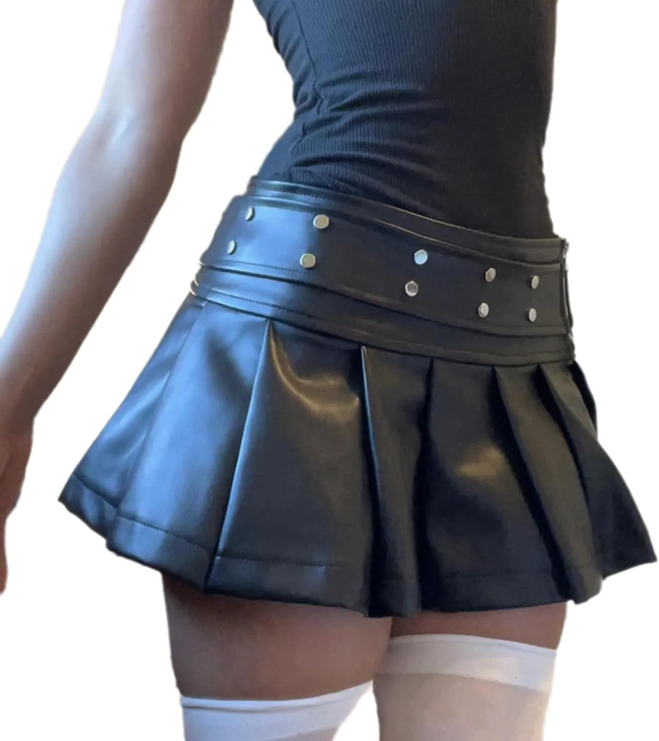 Punk Style Mini Leather Skirt with Slit Gothic Low Rise Metal Ring Patchwork Super Short Mini Skirts Women Sexy Outfits