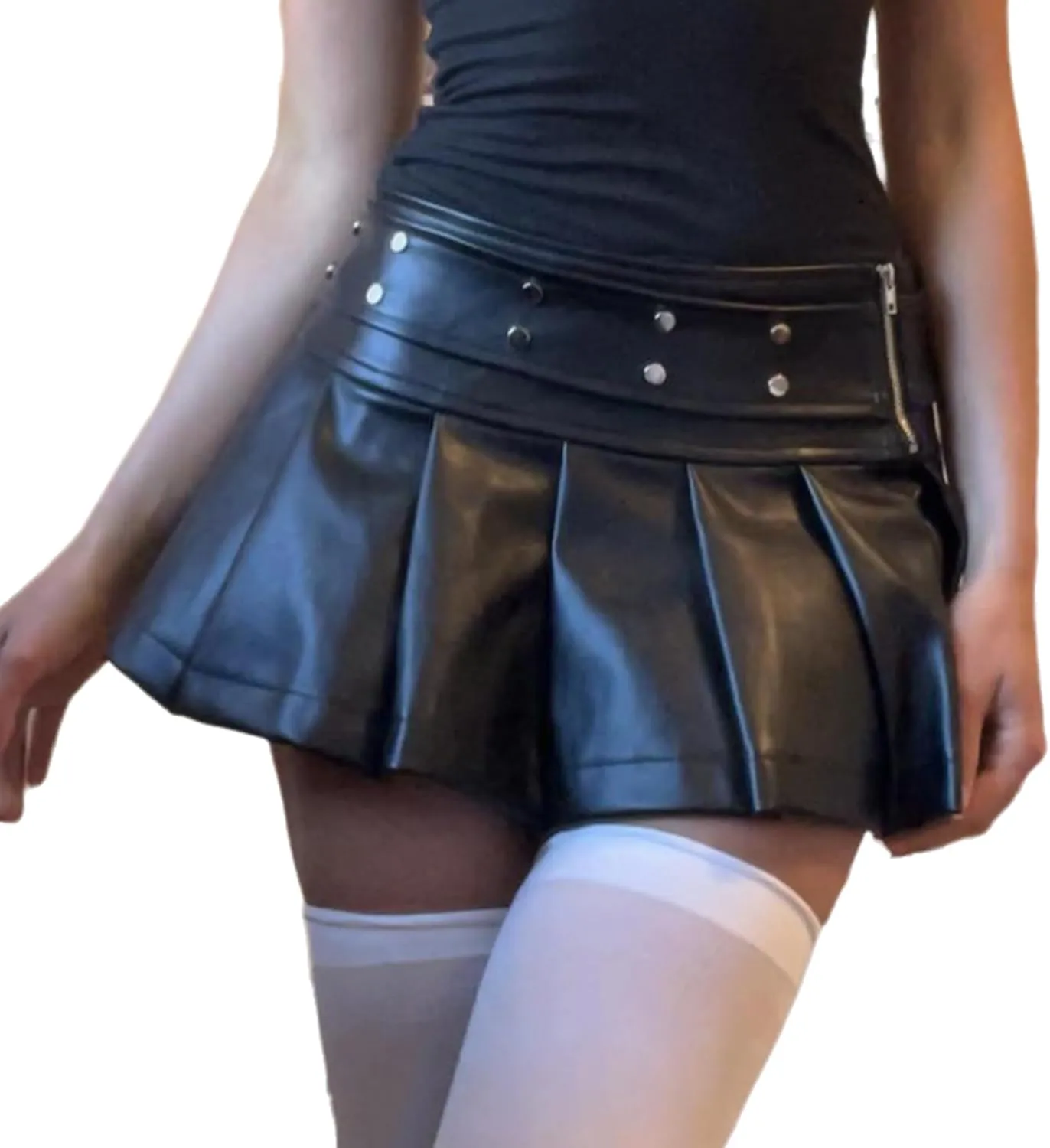 Punk Style Mini Leather Skirt with Slit Gothic Low Rise Metal Ring Patchwork Super Short Mini Skirts Women Sexy Outfits