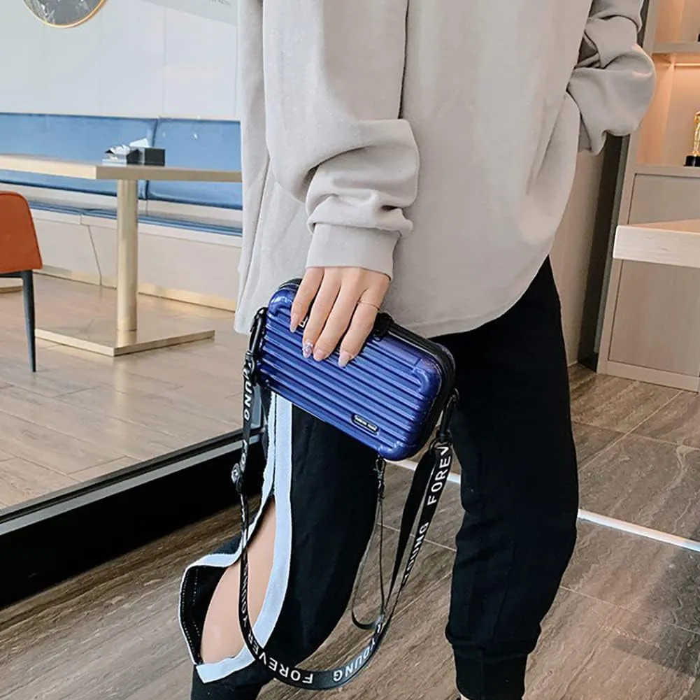 PVC Hard Shell Travel Multi-Function Luggage,Women's Portable Toiletry And Makeup Bag,Strap Storage Crossbody Bag (Blue)