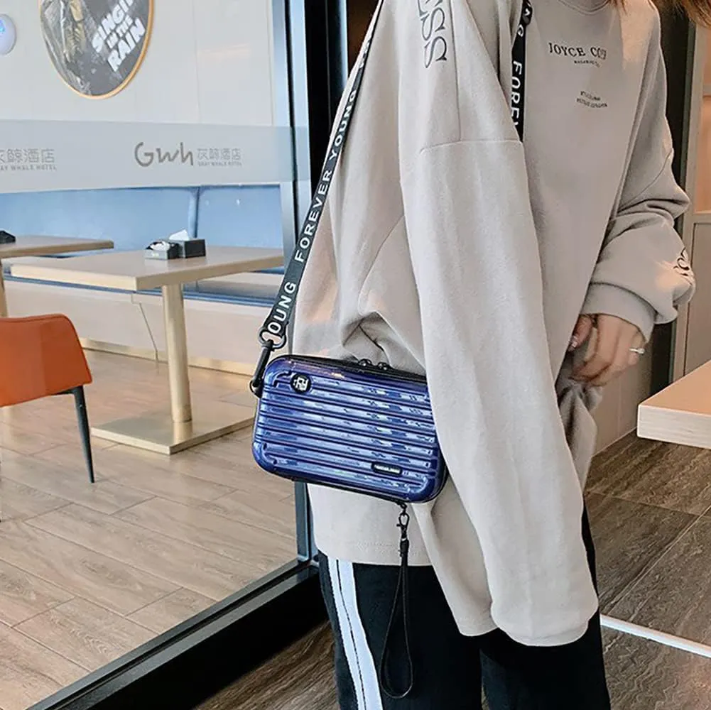 PVC Hard Shell Travel Multi-Function Luggage,Women's Portable Toiletry And Makeup Bag,Strap Storage Crossbody Bag (Blue)