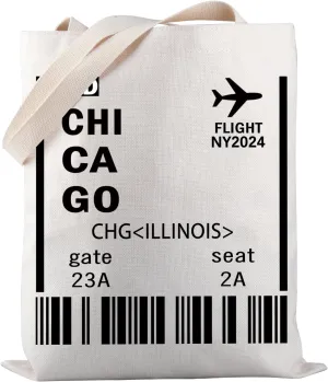 PWHAOO Chicago Boarding Card Travel Tote Bag Illinois Airport Tote Bag Chicago Ticket Illinois Gift World Traveler Gift