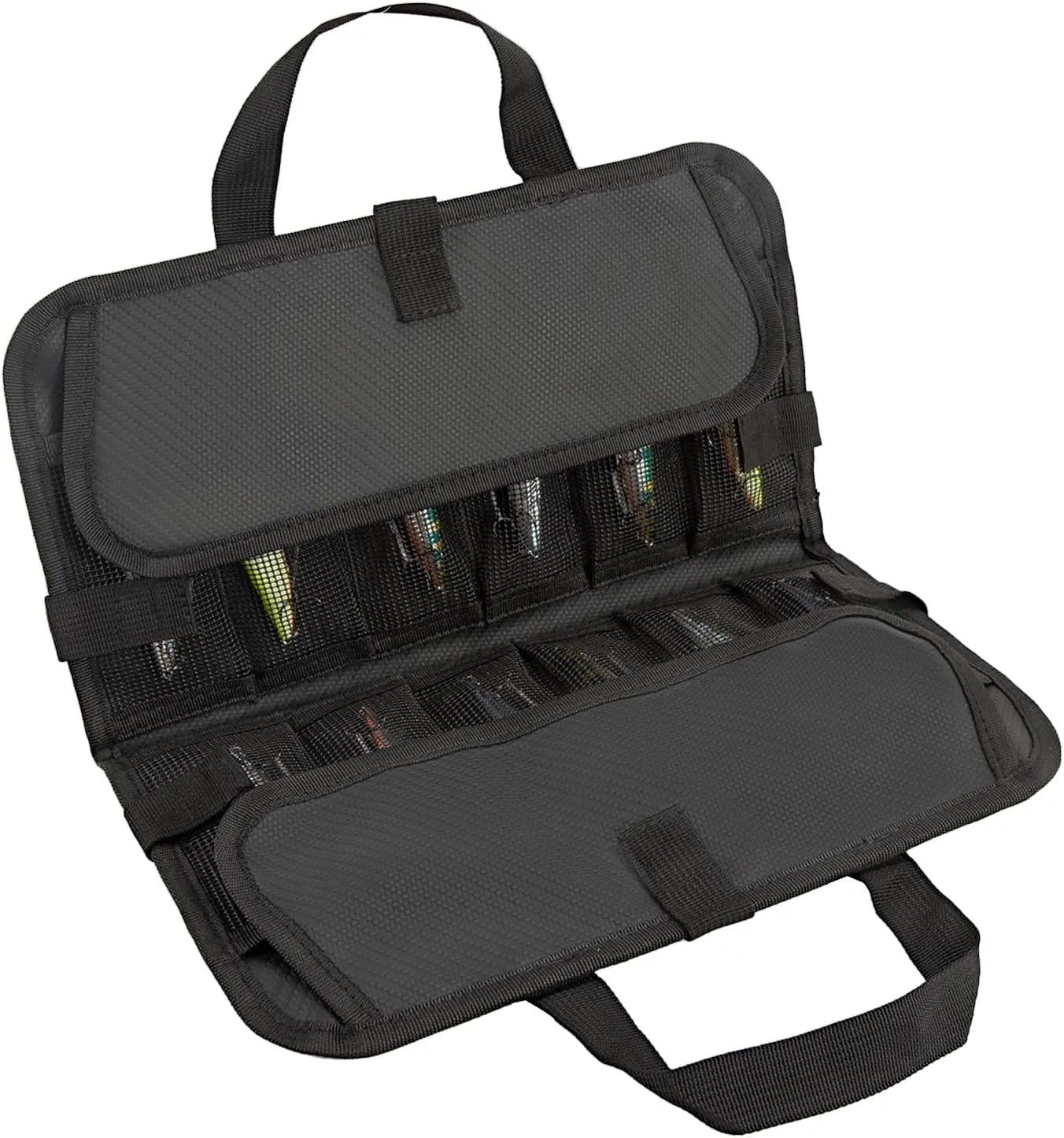 QEES Folding Waterproof Jig Bag - 24 Pocket Roll Up Tackle Bag for Saltwater & Freshwater, 14.56x7.28inch, Black