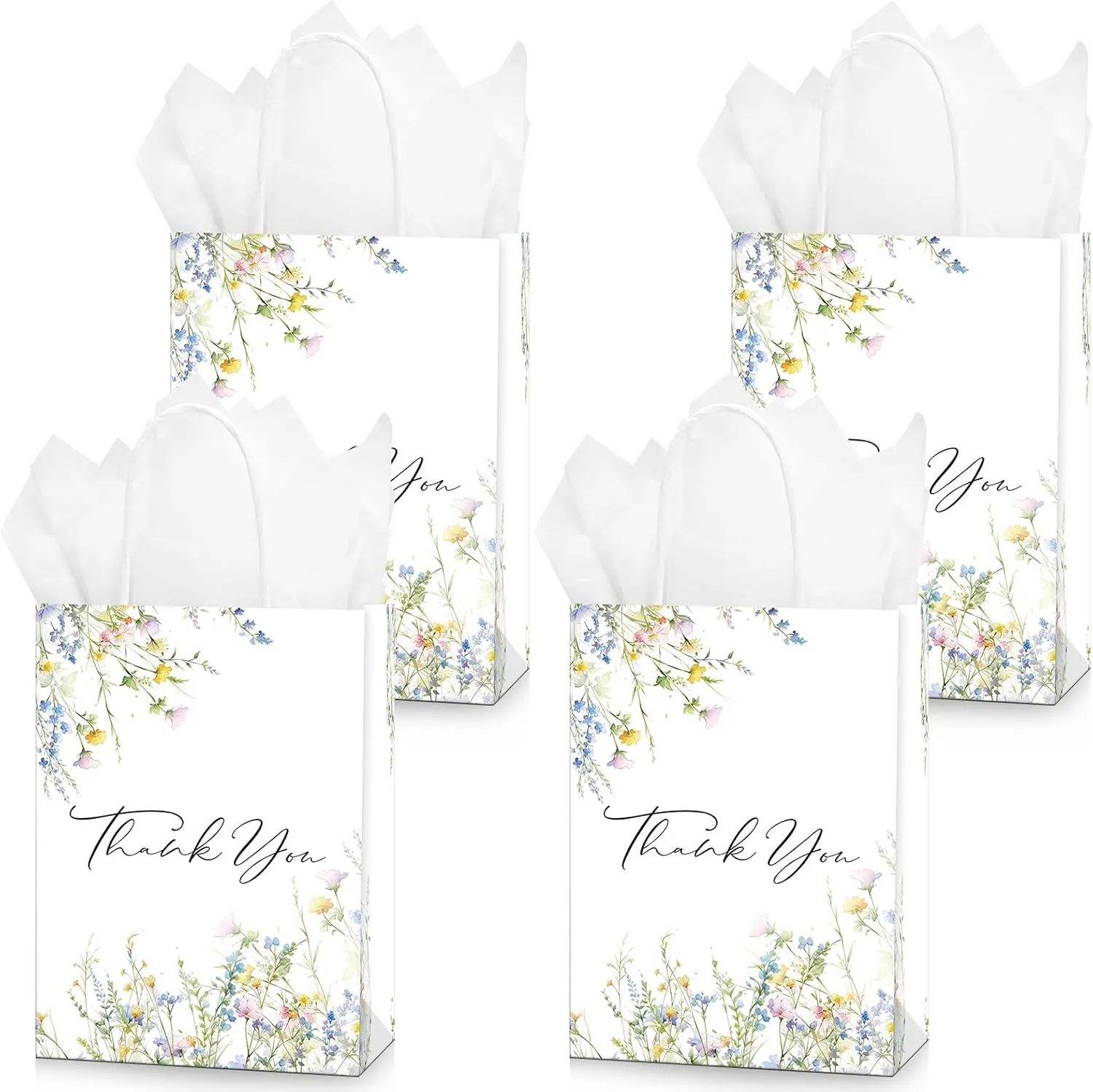 QIELSER 30 Pcs Thank You Gift Bags with Tissue Paper Watercolor Wildflowers Design Welcome Bags with Handle for Birthday, Baby Shower, Bridal Shower, Wedding, All Occasion, 8.3x6x3.2 in