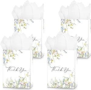 QIELSER 30 Pcs Thank You Gift Bags with Tissue Paper Watercolor Wildflowers Design Welcome Bags with Handle for Birthday, Baby Shower, Bridal Shower, Wedding, All Occasion, 8.3x6x3.2 in