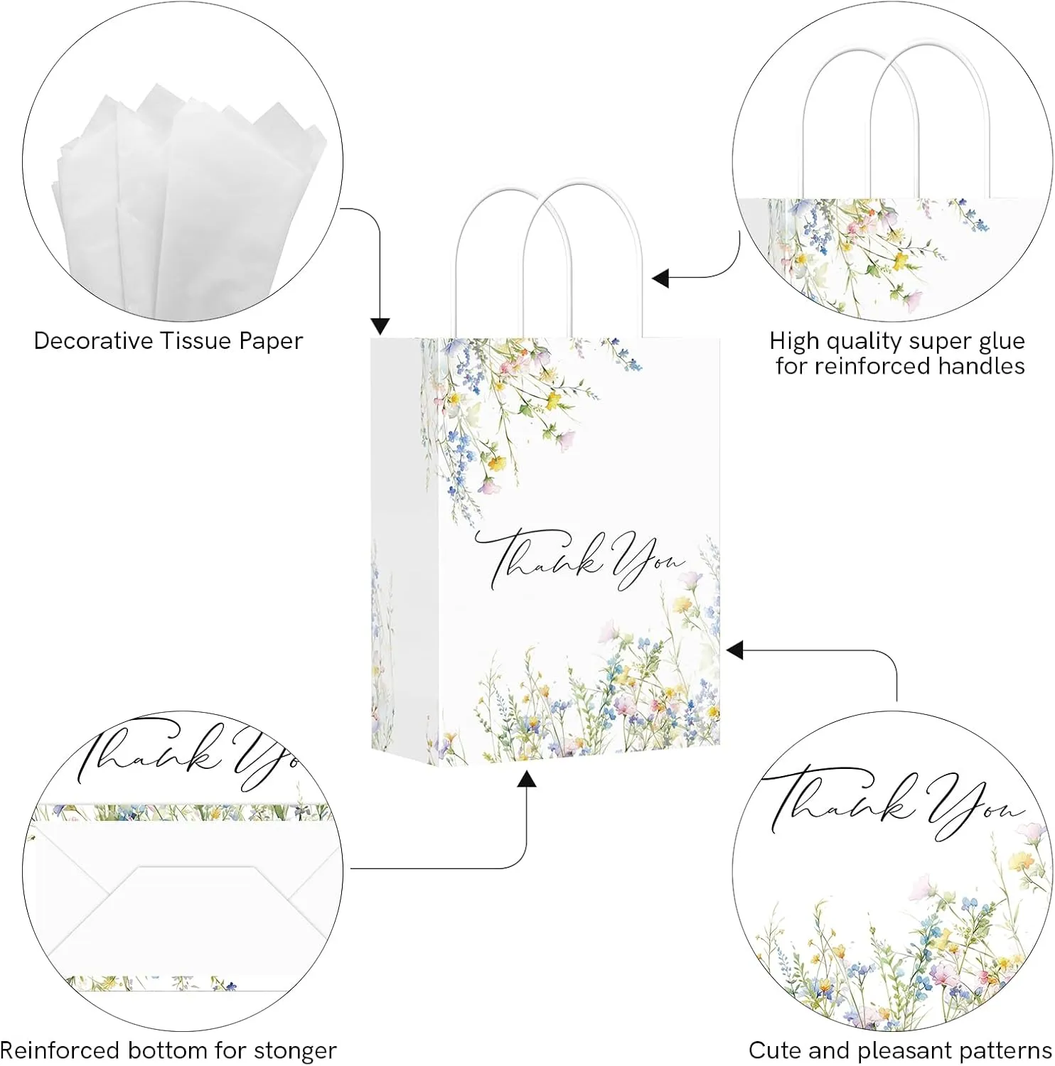 QIELSER 30 Pcs Thank You Gift Bags with Tissue Paper Watercolor Wildflowers Design Welcome Bags with Handle for Birthday, Baby Shower, Bridal Shower, Wedding, All Occasion, 8.3x6x3.2 in