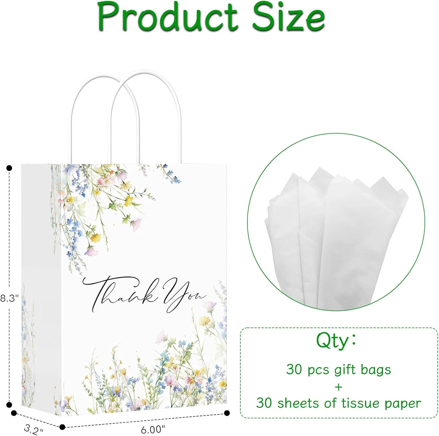 QIELSER 30 Pcs Thank You Gift Bags with Tissue Paper Watercolor Wildflowers Design Welcome Bags with Handle for Birthday, Baby Shower, Bridal Shower, Wedding, All Occasion, 8.3x6x3.2 in