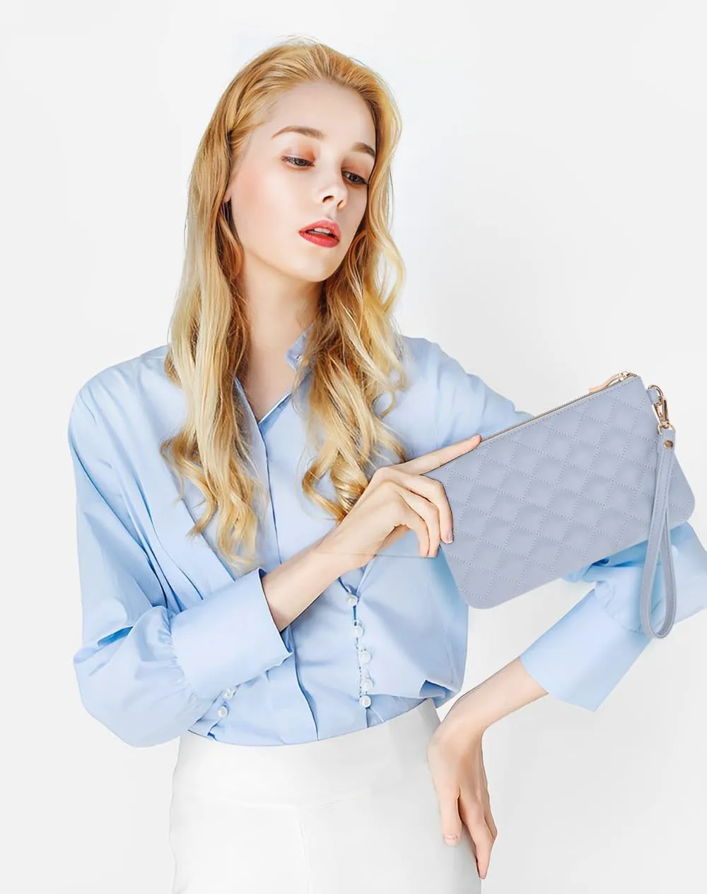 Quilted Wristlet Purse for Women, Vegan Leather Wristlet Pouch Zip Clutch Bag, Evening Clutch Purse with strap