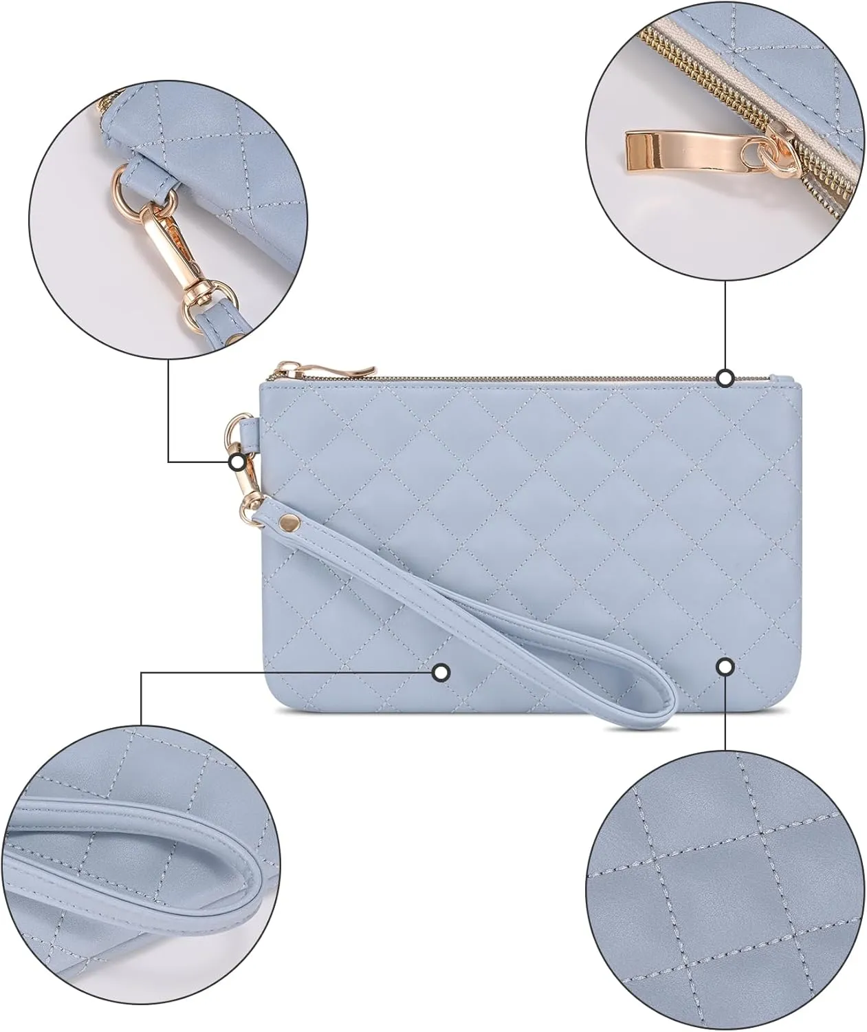 Quilted Wristlet Purse for Women, Vegan Leather Wristlet Pouch Zip Clutch Bag, Evening Clutch Purse with strap