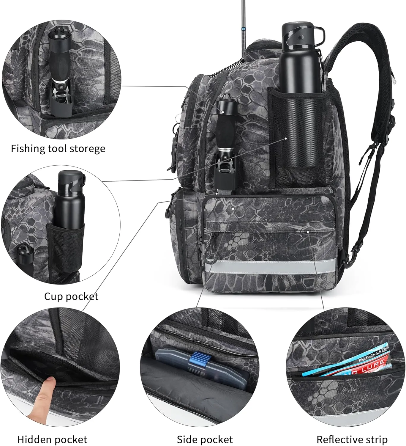 Rabjen Fishing Tackle Backpack, 45L Storage Waterproof Travel Bag Store Fishing Gear with Insulated Top Pocket